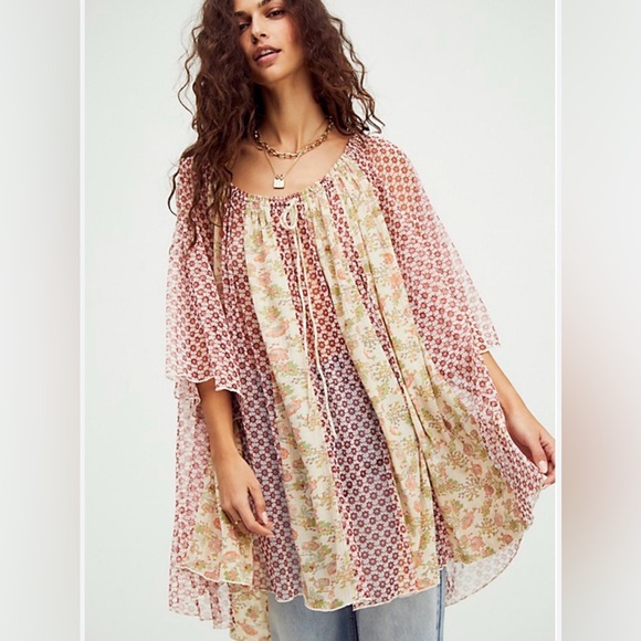 Free People Tops - Free People Because I love You Tunic Sheer Floral Boho Oversize Size Large